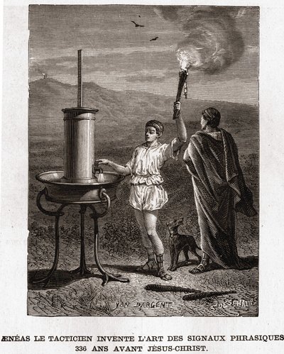 Aeneas, a taktikus feltalálja a frázikus jelek művészetét, ie 366-ban. 19. századi metszet, bianchetti gyűjtemény alkotó: Unknown artist