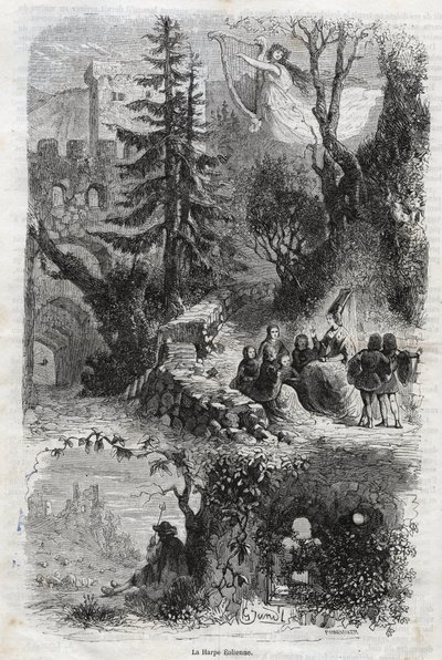 Lipari hárfa - szélhárfa - Arpa eolia - Fúvós hárfa - szél által játszott hangszer - metszet 1860-ból alkotó: Unknown artist