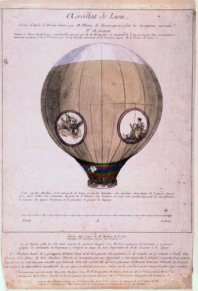 Aerostat de Lyon a Montgolfiere fivérek (Joseph és Etienne) mintájára épült, 1783 körül. 19. századi metszet. Paris, B.N. alkotó: Unknown artist