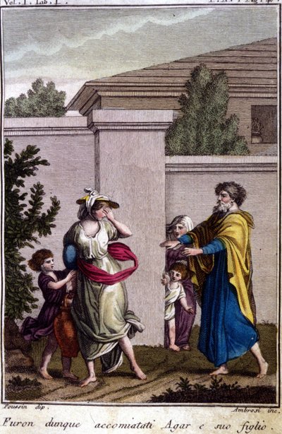Agart és Izmaelt Ábrahám űzte ki: az elbocsátott Agar fiával, Izaellel ment el Izsák születése után. század elejéről származó metszet. alkotó: Unknown artist