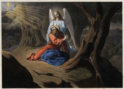 Agónia a kertben – Krisztus imája az olajfák kertjében. Névtelen metszet a 19. század közepéről. alkotó: Unknown artist