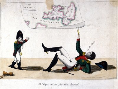 Ó, apa, megbántottad magad. Rajzfilm Napóleon Bonaparte száműzetéséről Elba szigetén. alkotó: Unknown artist