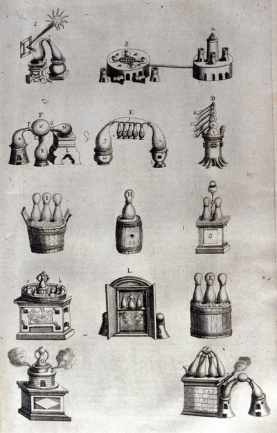 Alkímia: a desztillálóberendezések és lepárlókészülékek különböző modelljeit ábrázoló tábla. Athanase Kircher (vagy Athanasius Kircheri 1602-1680), német jezsuita. 17. századi metszet. alkotó: Unknown artist