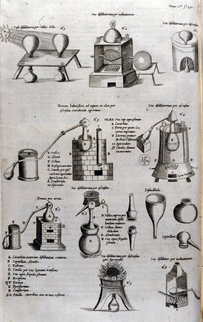 Alkímia: a desztillálóberendezések és lepárlókészülékek különböző modelljeit ábrázoló tábla. Athanase Kircher (vagy Athanasius Kircheri 1602-1680), német jezsuita. 17. századi metszet. alkotó: Unknown artist