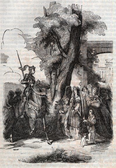 Alcina és udvara eljön, hogy köszöntse Ruggierót - 1851-es metszet Ludovico Ariosto Orlando furioso (1516) című verséből, - Tressan gróf olasz nyelvről fordított kiadása, Gustave Harvard 1851. alkotó: Unknown artist