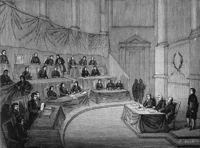 Alexandre (Alexandre) Volta a Tudományos Akadémia előtt Bonaparte első konzul jelenlétében felolvasta a cölöpről szóló tézisét november 18-án. alkotó: Unknown artist