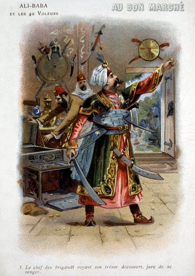 Ali - Baba (Ali Baba) és a 40 tolvaj (ezeregy éjszaka meséi): A rablók főnöke, látva kincsét feltárva, bosszút esküszik - A „Jó Március” kartonja, 19. század vége alkotó: Unknown artist