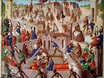 A föld városának, emberi bűnnek, gőgnek, haragnak, bujaságnak, irigységnek, lustaságnak, túlzásoknak és ellentétes erényeinek allegorikus ábrázolása, piete, árnyalat, józanság... Miniatűr kéziratból ms. 8346, fr. 18, fol. 3 alkotó: Unknown artist