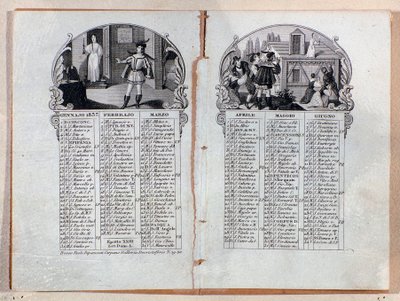 Az 1837-es év almanach-naptára Vincenzo Bellini La sonnambula című operájának jeleneteit díszítette alkotó: Unknown artist