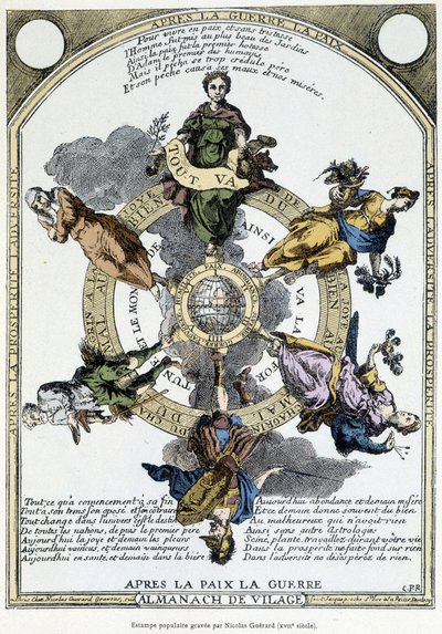 Almanach de vilage „Háború után béke, béke után háború”: vidéken tartott szekrény, amelyet a szelíd filozófia jegyében terveztek, hogy felébressze a tömegekben a beletörődés szellemét az idők nyomorúsága mellett - XVII. alkotó: Unknown artist