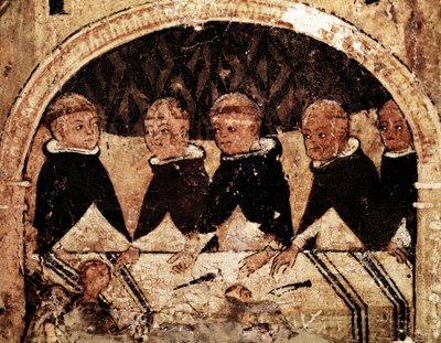 Guzmani Szent Domonkos (1170-1221), a domonkos rend alapítója életének oltárképe: domonkos szerzetesek csoportja attable. Festészet a 13. századból. Nápoly, Museo Nazionale di Capodimonte alkotó: Unknown artist