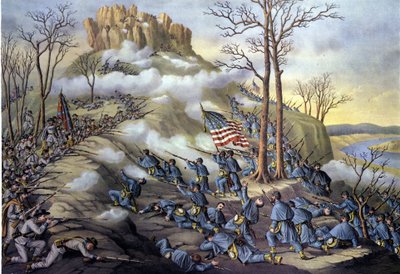 Amerikai szecessziós háború vagy polgárháború (1861-1865): 1863.11.23., a Lookout Mountain-i csata Tennessee-ben, ma a felhők feletti csataként ismert támadás a köd miatt, amely lehetővé tette a szövetségi csapatok gyorsabb előrenyomulását. századi metszet alkotó: Unknown artist