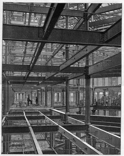Amerikai vas vázszerkezetek - a Denver Colorado-i Palace Hotel kerete - „Nature” metszet 1892-ből. alkotó: Unknown artist