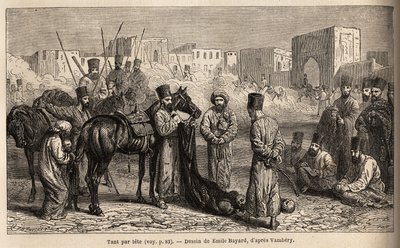 A kán könyvelője megkapja az ellenségek és a túszok fejét, a lovak farkához kötözött nőket és gyerekeket. Emile Bayard (1837-1891) rajza a közép-ázsiai utazás szemléltetésére 1863-ban Arminius Vambery (magyar tudós) alkotó: Unknown artist