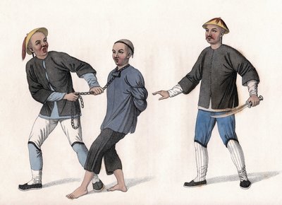 A vádlottat lánccal a nyakába kötve börtönbe viszik. Metszet, „A kínaiak büntetései”, London alkotó: Unknown artist
