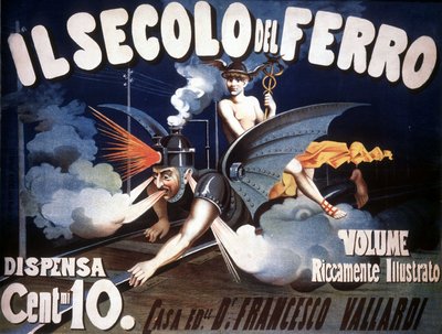 Egy félig vonat, félig sárkány gép allegorikus ábrázolása, emberi arccal a fejlődést szimbolizálva. „A vas évszázad”. Névtelen a 19. század végéről. alkotó: Unknown artist