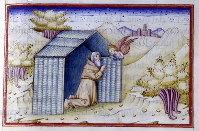 Egy angyal meglátogat egy remetét. 15. századi kézirat. Bibl. Nazionale Braidense. alkotó: Unknown artist