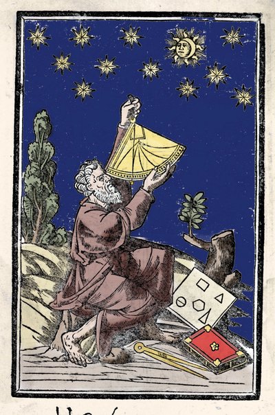 Egy csillagász, aki számításokat végez szextáns segítségével napfogyatkozás közben. századi metszet. alkotó: Unknown artist