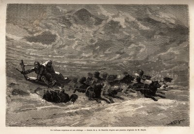 Egy eskimau szán és kutyacsapata, a leggyorsabb és legmegbízhatóbb módja a sarkvidéki utazásnak. Doctor Hayes, az Egyesült Államok haditengerészetének sebésze által 1860-1862-ben a „Le tour du alkotó: Unknown artist