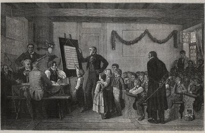 Vizsga egy svájci iskolában – Jules Gourdault „La suisse” metszete alkotó: Unknown artist