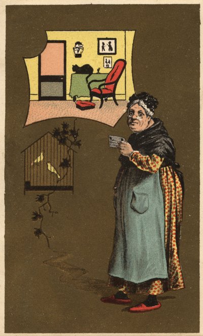 Egy idős nő, aki egy csésze közelében egy ketrec madarakkal. Névtelen kromolitográfia, 19. század vége. alkotó: Unknown artist