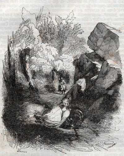 Angelique (Angelica) a régi remete elől menekül – Ludovico Ariosto (Orlando furioso) 1851-es metszete (16. század), Ariosta néven ismert – Tressan grófja olasz nyelvről fordította, Gustave Harvard adta ki. 1 alkotó: Unknown artist