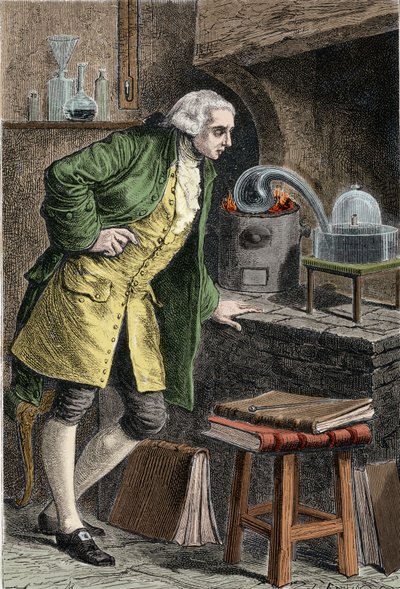Antoine Laurent Lavoisier (1743-1894) francia kémikus, a levegő oxigén létezését vizsgálja: kísérlet, amelyben higany-oxidot nyert - Lavoisier dans son laboratoire. századi metszet. alkotó: Unknown artist