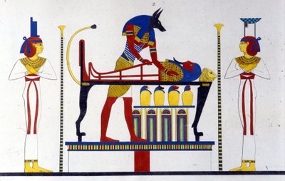 Anubisz és egy múmia – Ippolito Rosellini (Rossellini) „Egyiptom és Felső-Núbia emlékművei” című filmjében. alkotó: Unknown artist