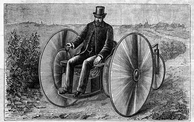 Faure akkumulátorok alkalmazása: az akkumulátoron áthaladó elektromos tricikli. Metszet a „” Le Monde Illustré”-ben alkotó: Unknown artist
