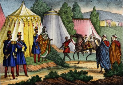 Arab vezető lovat kínál az afrikai francia hadsereg egyik tisztjének, Algériának alkotó: Unknown artist