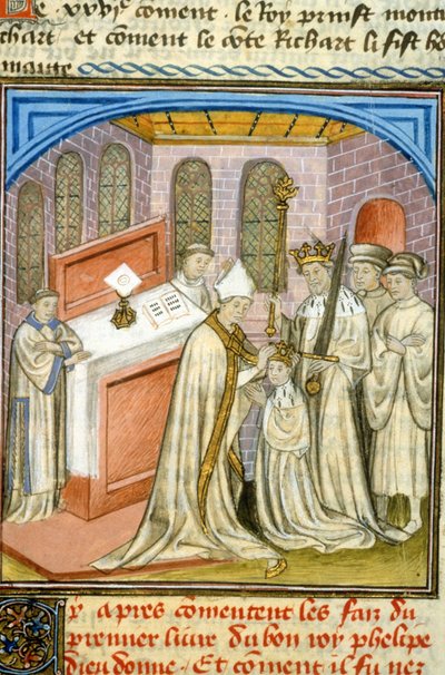 Érsek megkoronázta Philippe Auguste-ot 1179-ben - A középkor megvilágítása (ref. 512, 226r) Kérjen engedélyt a Toulouse-i Városi Könyvtártól (tel: 05 62 27 66 66) alkotó: Unknown artist