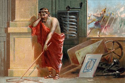 Szirakúzai Arkhimédész (Kr. e. 287-212) geometrikus alakzatokat rajzol a földre, és hamarosan megállnak a római katonák a jelenet alján. Műhelyében különféle találmányait ismerhetjük meg: a csavart és a talicskát. Kromolitográfia a 19. sz alkotó: Unknown artist