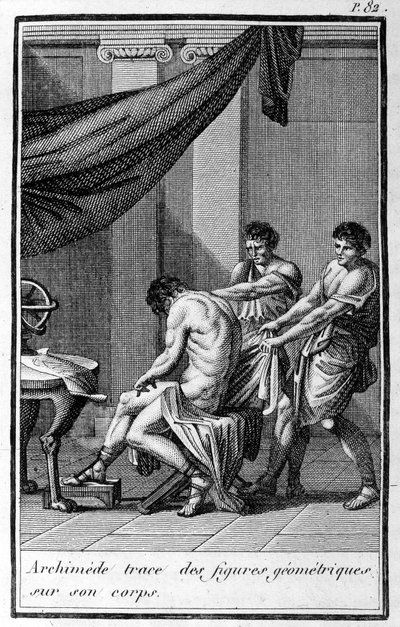 Arkhimédész geometriai alakzatokat nyom a testén. alkotó: Unknown artist