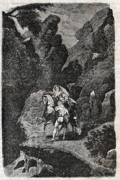 Argie-t a vőlegénye parancsa megtámadta - 1851-es metszet Ludovico Ariostotól: „" Furious Roland" (Orlando furioso) (16. század), Ariosta néven ismert - Tressan gróf olasz nyelvről fordított kiadása, Gustave Harvar kiadása alkotó: Unknown artist