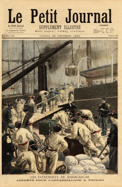 Theophile Delcasse (1852-1923) gyarmati miniszter döntése alapján a Dupetit-Thouars és a Laperouse cirkálók felfegyverzése Toulonban, és 15 000 katona beszállása egy madagaszkári expedícióhoz. Metszet a „” Le petit journal”-ban 1894.10.29. Selva kollégiuma alkotó: Unknown artist