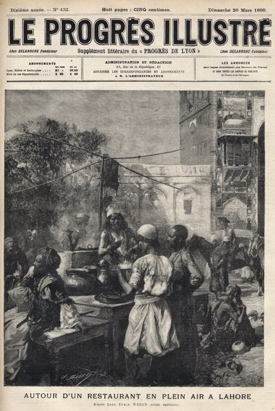 Egy szabadtéri étterem körül Lahore-ban, Pakisztánban – az 1899. márciusi „The illustrious progress” borítója – alkotó: Unknown artist