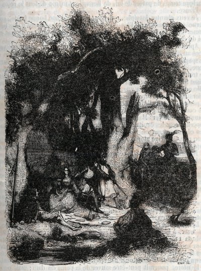 Rodomont és Mandricard érkezése a Merlin-kúthoz - Ludovico Ariosto (16. század) „” Roland furieux” (Orlando furioso) metszete (16. század), Ariosta néven ismert – Tressan gróf olasz nyelvről fordított kiadása, kiadó: alkotó: Unknown artist