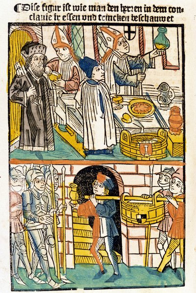 Ételek érkezése, hogy a konstanzi zsinat (1417) tagjai étkezhessenek, amelynek során V. Márton pápát választották. „Das Concilium” alkotó: Unknown artist
