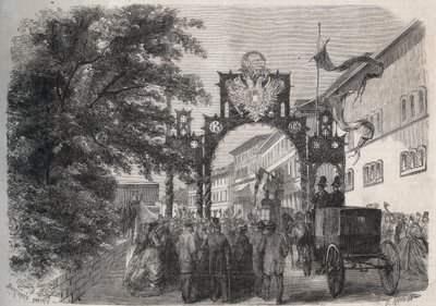 Ausztriai Erzsébet (Sissi) (Ausztriai Erzsébet) érkezése Bad Kissingenbe (Spa) 1865-ben - metszet az 1865-ös „The Illustrous World”-be. alkotó: Unknown artist