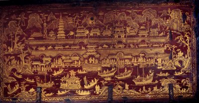A portugálok érkezése Nanjingba (Nanjing vagy Namquin), Kínába. Vörös és arany festékkel borított dobozborító. 17. század. Porto, Nemzeti Múzeum alkotó: Unknown artist