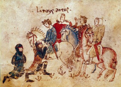 Arthur legenda: „” Arthur király lágyító lovagok (Meliadus (vagy Meliodas), Esclabor és Arfasar (vagy Arphasar)”” Miniatűr a „” Meliadus, Tristan testvére” című filmből” 14. századi Velence Biblioteca Marciana alkotó: Unknown artist