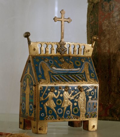 Műtárgy: ereklyetartó e-mailben, arany és réz Szent Thomas Becket (1118-1170), canterburyi érsek ereklyetartója - Ez az érsek 1170.12.29-i, Cantorbery székesegyházban történt meggyilkolásának és temetésének ábrázolása (zománc, arany) és co alkotó: Unknown artist