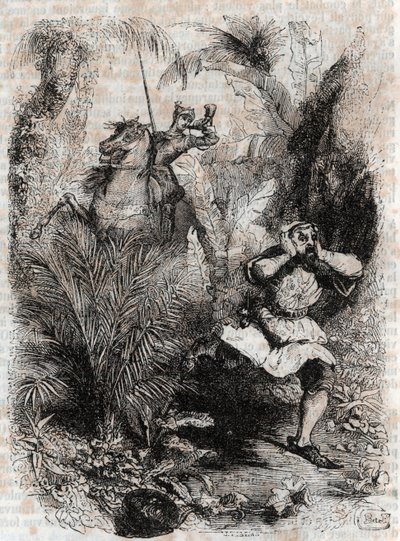 Astolphe menekülésre készteti Caligorant - 1851-es metszet Ludovico Ariosto „" Furious Roland" (Orlando furioso) (16. század) -ból, Ariosto néven ismert - Tressan gróf olasz nyelvről fordított kiadása, Gustave Harvard 1851. alkotó: Unknown artist