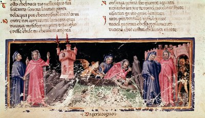 Bal oldalon Dante és Vergilius áll a Styx folyó partján, Acheron szomorú partján. A központban Charon komppal Dantét és Vergilust, akik nagyon riadtan néznek ki (3. ének a pokolból, az Isteni színjátékban) - miniatűr alkotó: Unknown artist