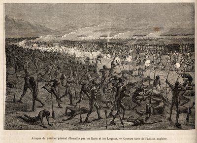 Sir Baker expedíciója megtámadja Ismailia (Egyiptom) főhadiszállását az íj- és nyílfegyverek koalíciója által. Sir Baker expedíciója puskákkal vágja vissza a támadókat. alkotó: Unknown artist