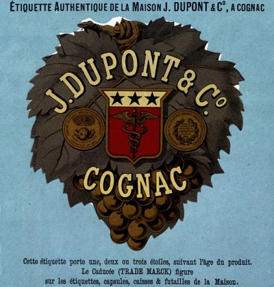 A J. Dupont & C¡ hiteles címkéje, Cognac. 1882-es kiadás alkotó: Unknown artist