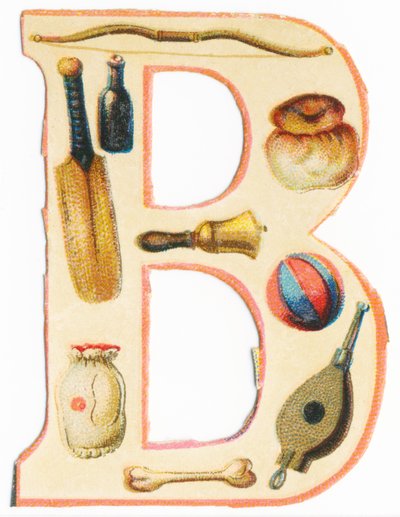 B: íj, baseball ütő, palack, briós, harang, léggömb, csont, zsák, fújtató (színes litográfia) alkotó: Unknown artist