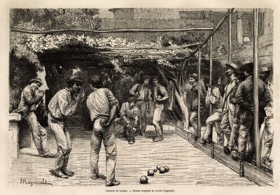 Labdázók Rómában (Olaszország). Francis Wey 1864-1868-as római utazását illusztráló metszet, amelyet a „Le tour du monde, nouveau Journal des voyages” jelent meg Edouard Charton irányítása alatt. alkotó: Unknown artist