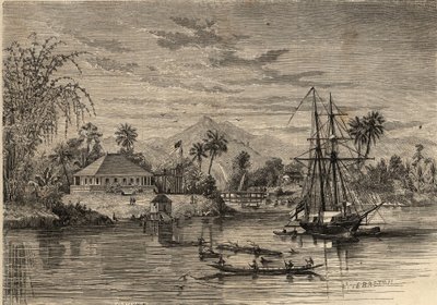 Bangalow, Sir James Brooke, a Sarawak Rajah (1803-1868) brit kalandor otthona, Sarawak első fehér radzsája Sarawak (Borneo) környékén. Metszet a „Le Monde illustrious”-ban 1857-ből. Magángyűjtemény. alkotó: Unknown artist