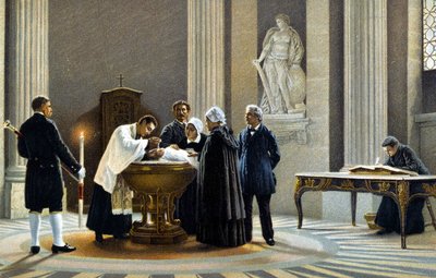 Kisbaba keresztelése a templomban. 19. századi kromolitográfia. alkotó: Unknown artist